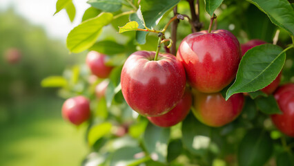 Red apples on a tree branch in a lush orchard, symbolizing natural harvest and healthy eating. Ideal for illustrating concepts of agriculture, organic food, and seasonal fruit.