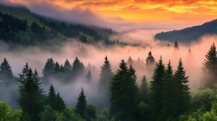 Obraz premium Majestic sunrise over the misty mountain forest, creating a tranquil and peaceful scenery.