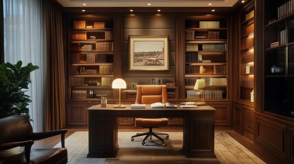 Sophisticated Home Office with Wooden Bookcases and Classic Interior Design