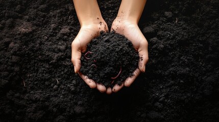 Hands cradle dark soil, showcasing earthworms and the essence of rich, healthy earth.