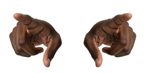 Two Black hands pointing directly forward with strong gestures, isolated on a clean white background, symbolizing communication, power, and focus on transparent background