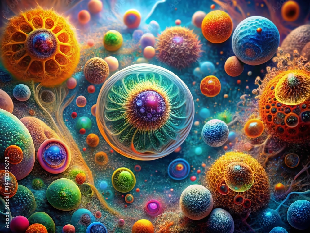 Poster double exposure: microscopic cellular structures & abstract forms - stock photo