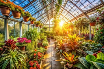 Fototapeta premium Stunning Greenhouse Photography: Lush Plants, Glass Structures, Botanical Garden Images