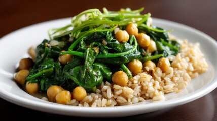 A healthy plate of brown rice topped with sauteed greens and chickpeas, garnished with fresh herbs.