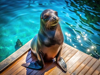 Fototapeta premium Sunny Day Seal Poolside: Black Fur Seal Relaxing by the Water, Wildlife Photography