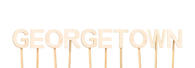 Georgetown, capital of Guyana, in wood typeface on white background, neutral image ideal for global...