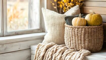 Obraz premium Autumnal window seat display with pumpkins and throws.