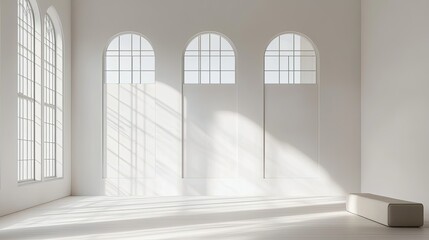 Obraz premium Clean and calm D interior rendering with tall white windows, minimalist furnishings and a relaxing ambiance