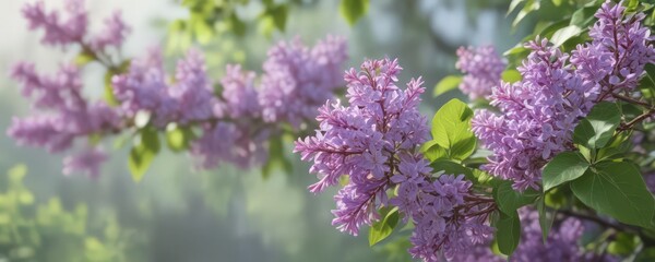 Soft purple lilac blossoms, spring leaves, blurred background, purple lilac, vibrant, purple