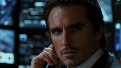 A focused businessman on a phone call, surrounded by high-tech screens displaying data and information. - Powered by Adobe