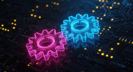 Neon Gears: Tech Integration, Pink & Blue Innovation, Futuristic Circuitry, Digital Mechanics, Abstract Machine
