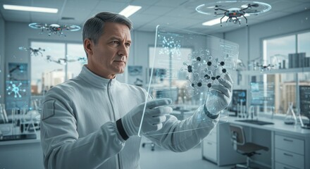 Scientist Manipulating Digital Data With Drones in High Tech Laboratory