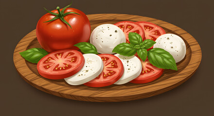 Sliced tomatoes and mozzarella arranged on a wooden platter. Classic caprese salad