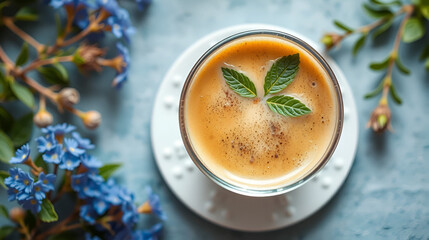 A healthy herbal drink.The substitute for coffee is chicory. The view from the top.Diet drink and blue flowers.