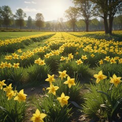 Fototapeta premium Sunlit daffodil field, vibrant yellow blooms, lush green grass, flora, spring, meadow