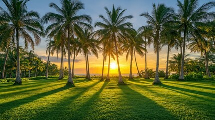 Obraz premium Coconut farm at golden hour, trees casting long shadows and sky glowing warm in the background
