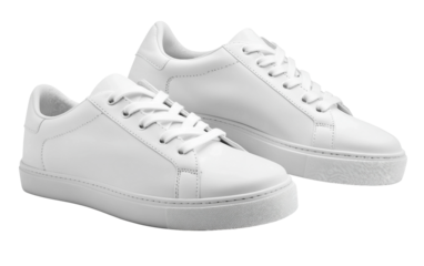 Pair of clean white sneakers with untied laces for a casual and laid-back look isolated on white background PNG