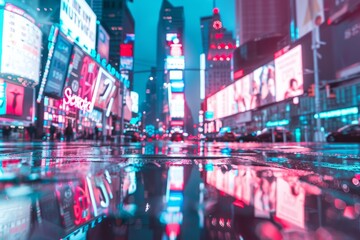 Fototapeta premium retro futuristic cityscape with holographic billboards neon pink and blue on hologram .