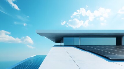Fototapeta premium Stunning architectural design featuring solar panels against a bright blue sky on a sunny day.