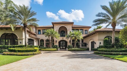Obraz premium Luxurious mansion with palm trees and manicured lawns under a bright blue sky