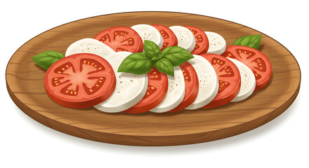 Sliced tomatoes and mozzarella arranged on a wooden platter. Classic caprese salad