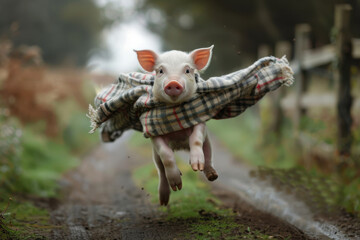 Young piglet wrapped in plaid cloth leaping joyfully on rural path