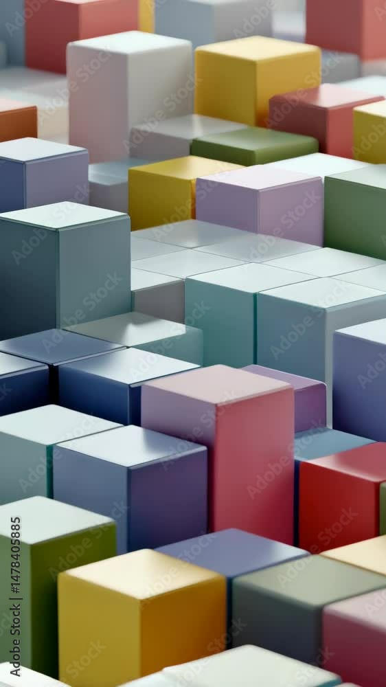 Poster abstract geometric pattern of pastel colored blocks and cubes arranged at varying heights in a moder