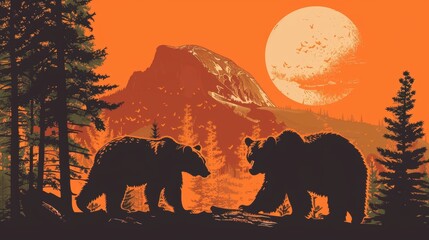 retro national park poster with bears and pine trees vintage orange .