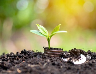 A small new sprout with a delicate leaf emerges from the earth, symbolizing the beginning of plant life and growth in nature's soil