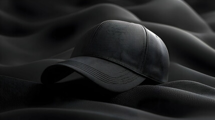 Obraz premium Black Baseball Cap Resting on Dark Fabric Background