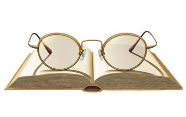 Pair of glasses resting on an open book capturing the essence of reading isolated on white background PNG