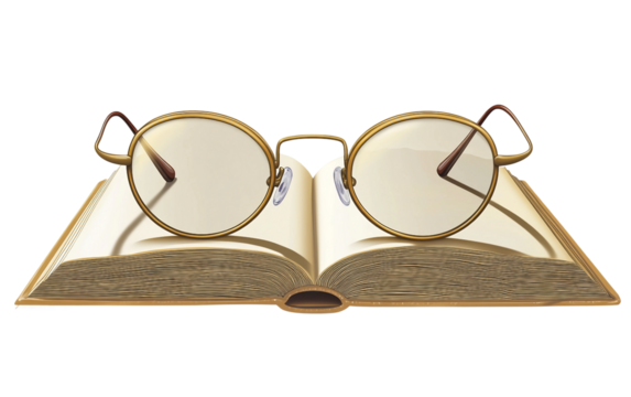 Pair of glasses resting on an open book capturing the essence of reading isolated on white background PNG