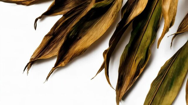Arrangement of decaying golden and brown leaves forming elegant border on white background for natural aesthetic designs