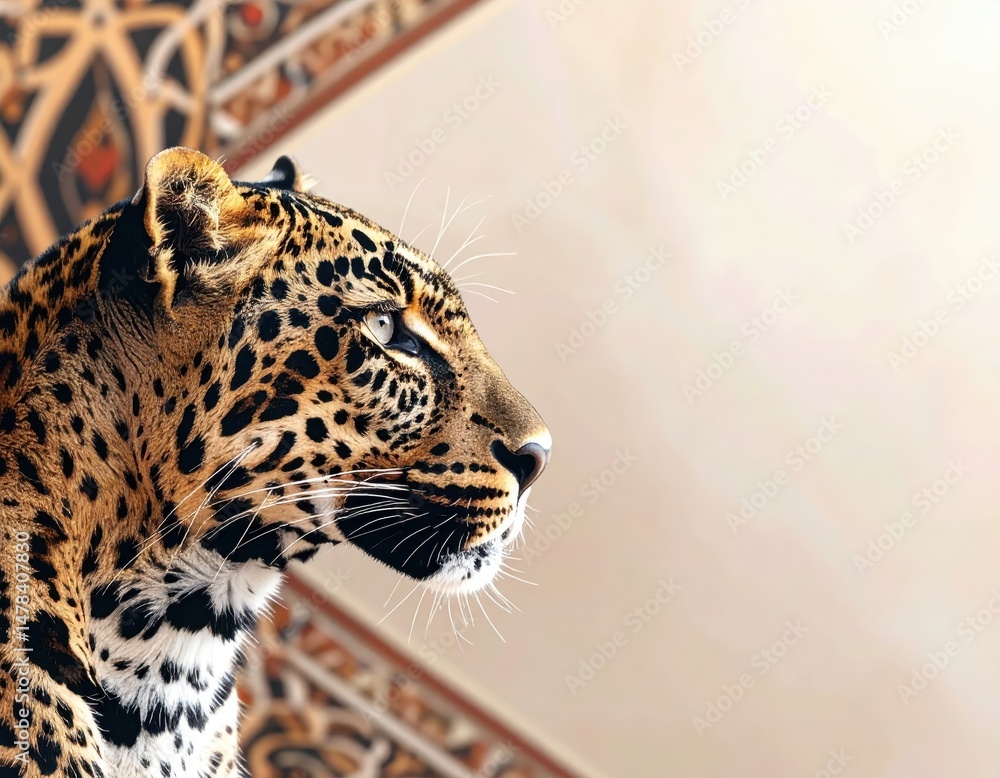 Poster majestic leopard portrait against an intricate background featuring elegant patterns and soft lighti