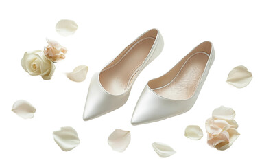 Wedding shoes surrounded by soft flower petals offering a serene and beautiful ambiance isolated on white background PNG