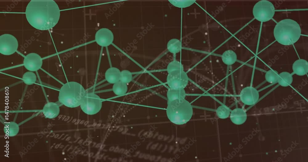 Poster glowing green spheres forming abstract network visualization on 3d grid featuring data formulas