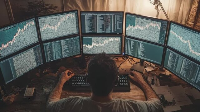 A focused individual analyzes stock trends on multiple monitors in a modern workspace.