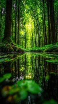Serene Green Forest Reflecting in Still Water Tranquil Nature Scene Lush Greenery