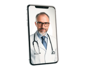 Experienced doctor provides remote consultation through smartphone isolated on transparent background
