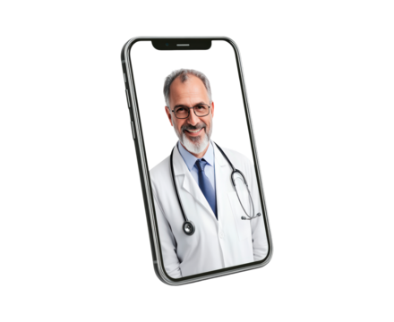 Doctor portrait displayed on a smartphone screen isolated on transparent background