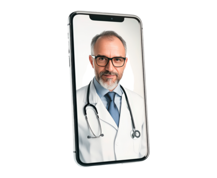Experienced doctor provides remote consultation through smartphone isolated on transparent background - Powered by Adobe