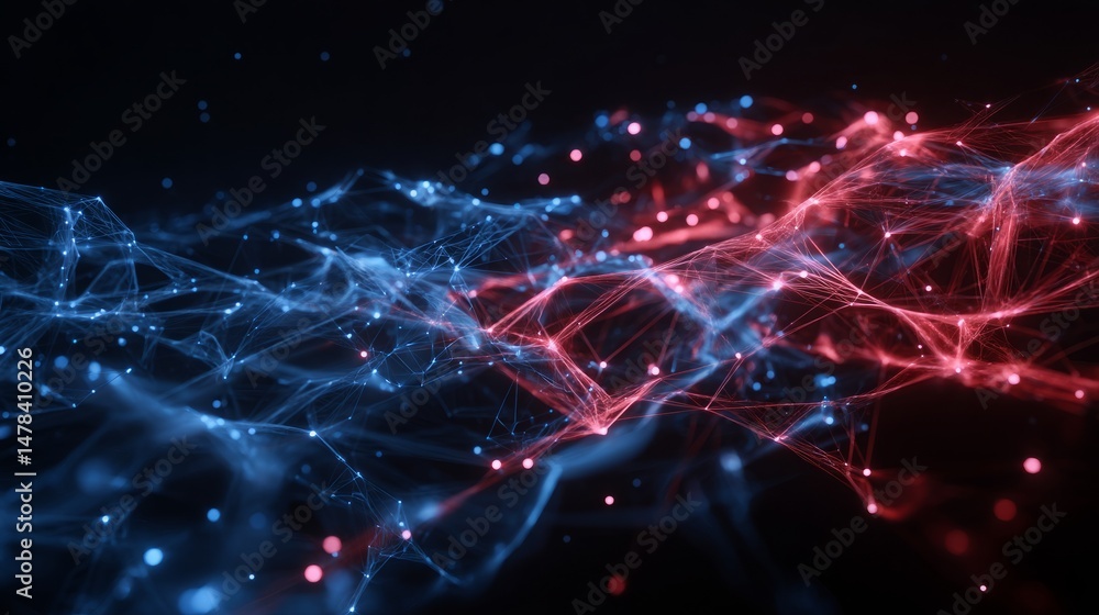 Poster abstract network connection data visualization with blue and red colors
