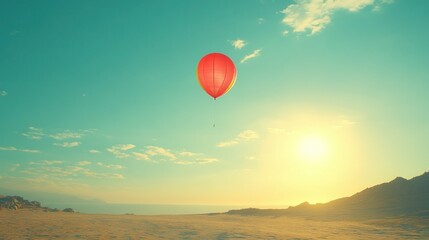 Fototapeta premium Red hot air balloon ascends over desert landscape at sunrise