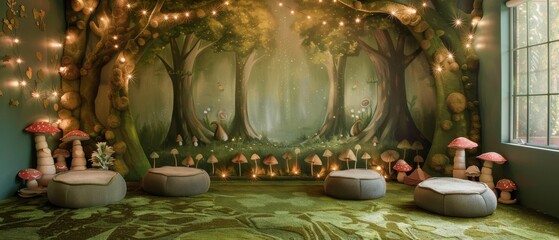 Fototapeta premium Enchanted forest nursery with painted tree murals, moss carpet, mushroom poufs and twinkle lights create magical nature inspired play elements.
