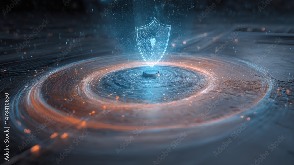 Poster digital security shield with swirling energy protecting data network