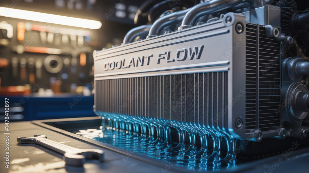 Poster hydraulic coolant flow mechanism in mechanical system with metal parts and tools in workshop environ