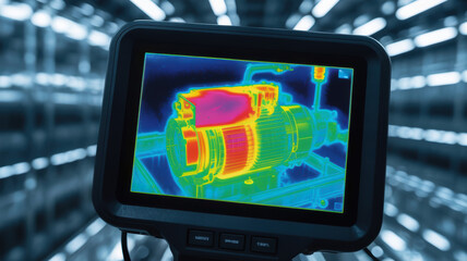 Thermal camera screen captures heat distribution of hydraulic mechanism motor in industrial setting with detailed temperature variations visible