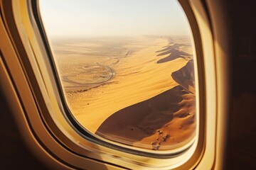 Fototapeta premium Golden desert dunes curve endlessly to the horizon, a warm serene landscape seen through the airplane window under a clear sky.