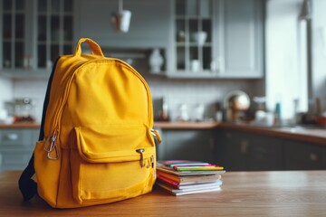 Yellow backpack and notebooks on a table ready for school season
