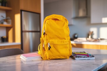 Yellow backpack with notebooks and pencils on a table ready for school